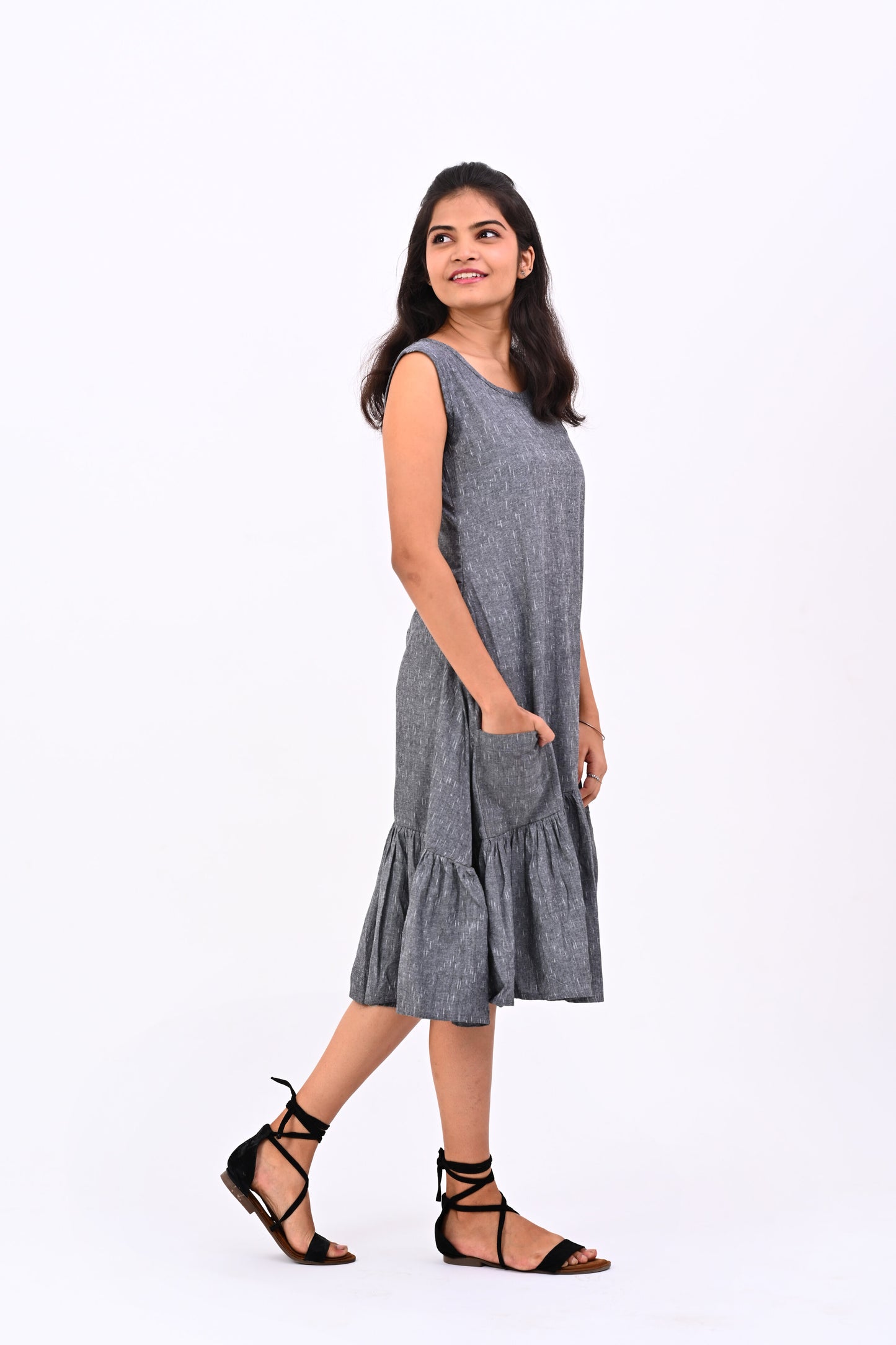 Grey HANDLOOM flare dress with gather detail