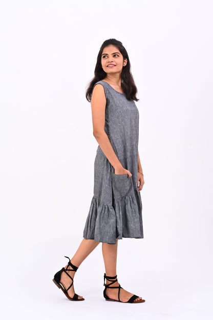 Grey HANDLOOM flare dress with gather detail