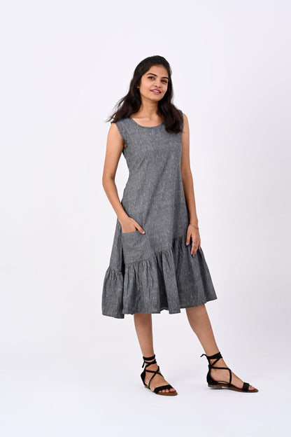 Grey HANDLOOM flare dress with gather detail