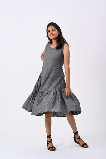 Grey HANDLOOM flare dress with gather detail