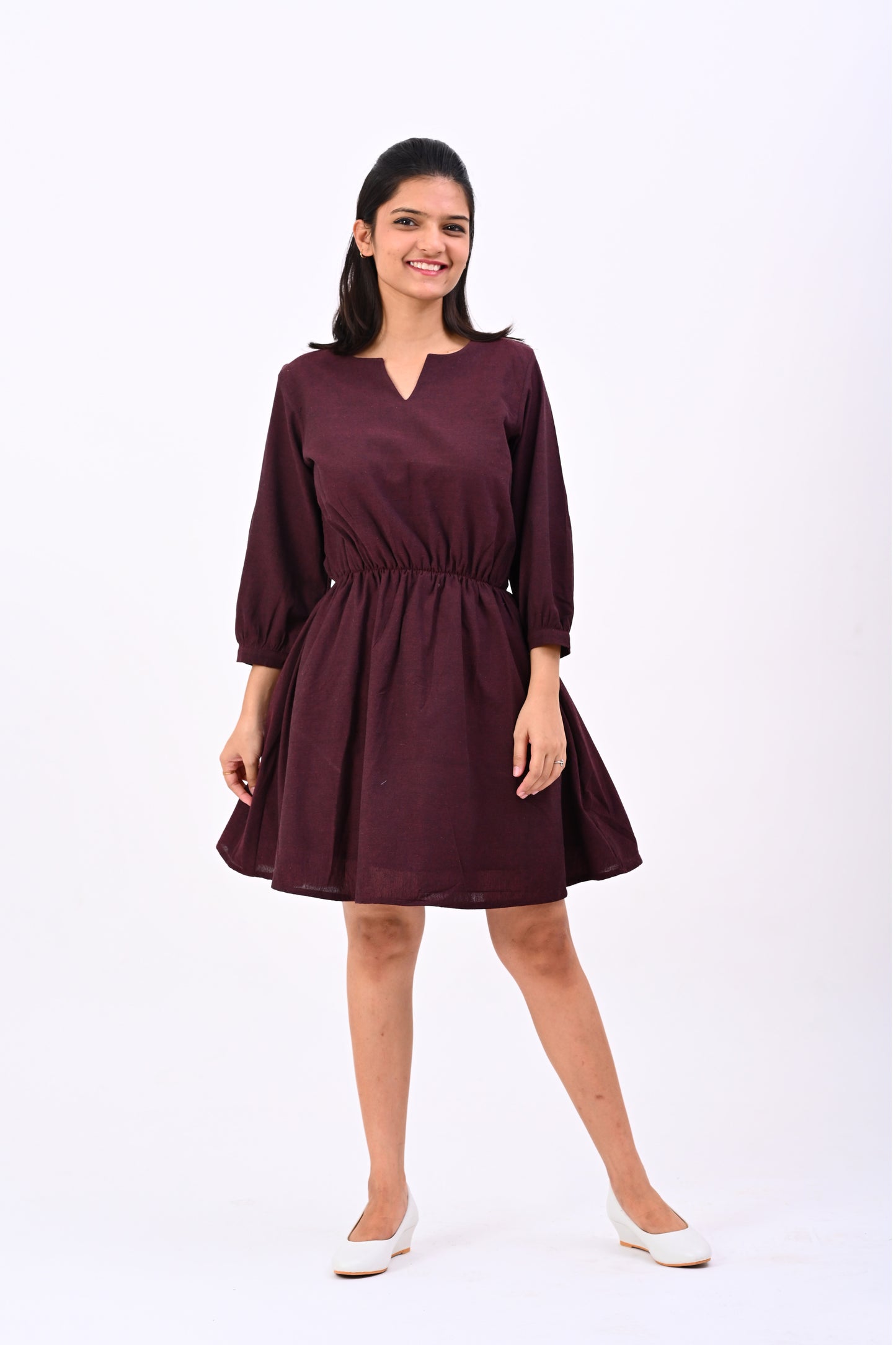 Maroon Dress with puff sleeve