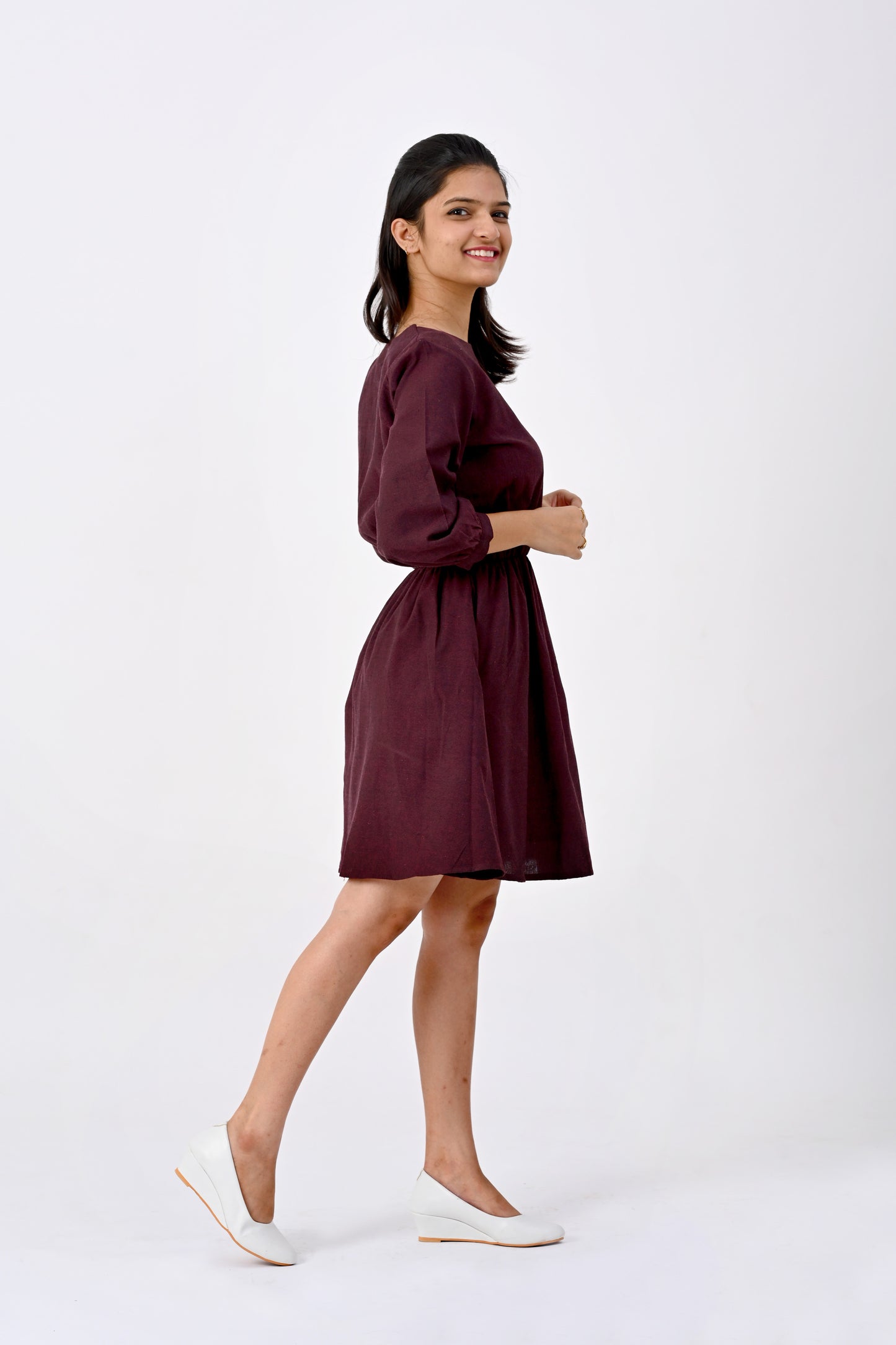 Maroon Dress with puff sleeve