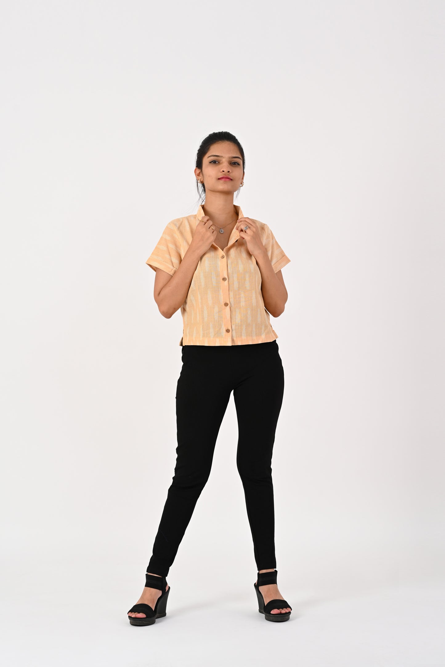 Beige Ikkat Cropped Shirt