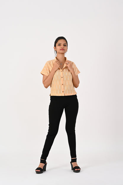 Beige Ikkat Cropped Shirt