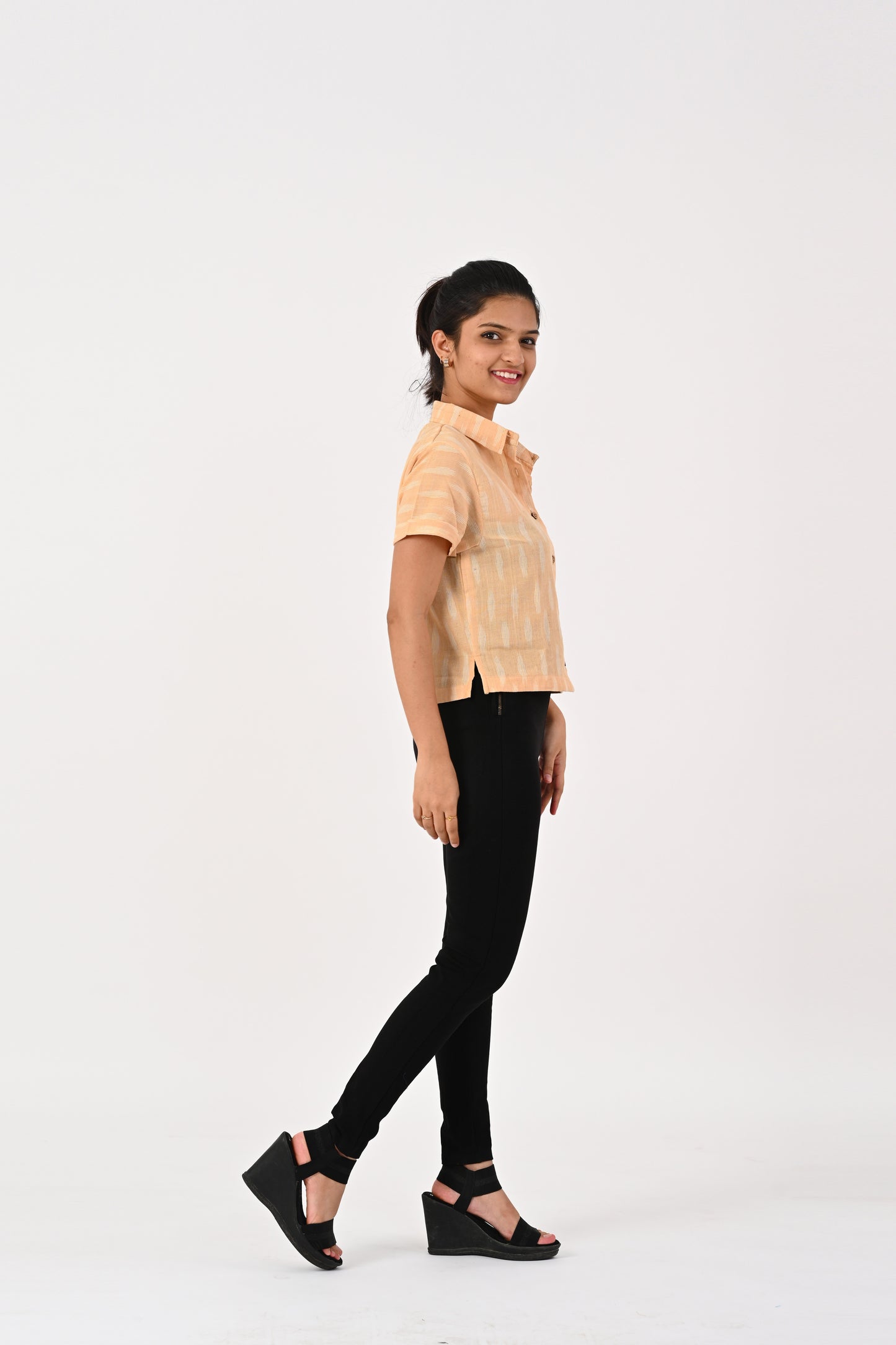 Beige Ikkat Cropped Shirt