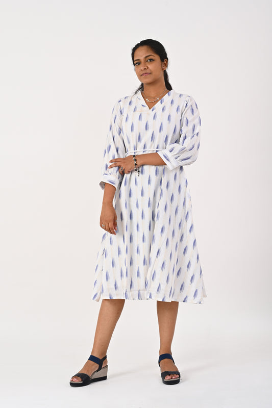White Ikkat Dress with Draw String