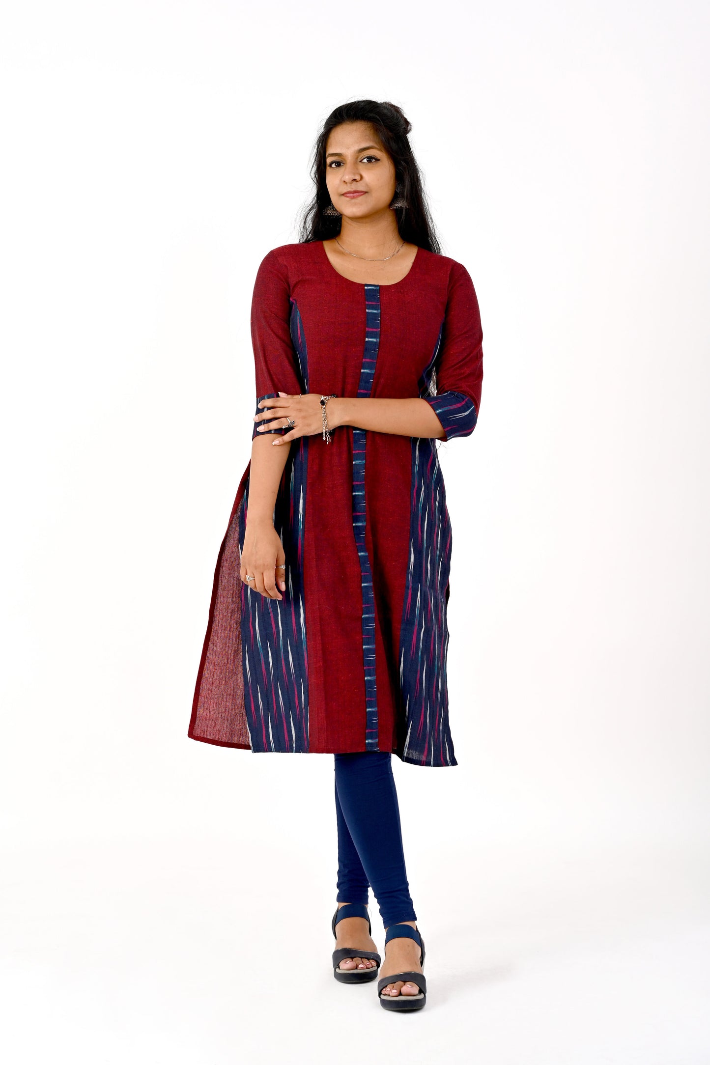 Maroon kurta with blue ikkat cutout details