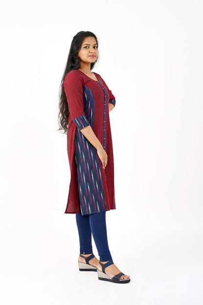 Maroon kurta with blue ikkat cutout details
