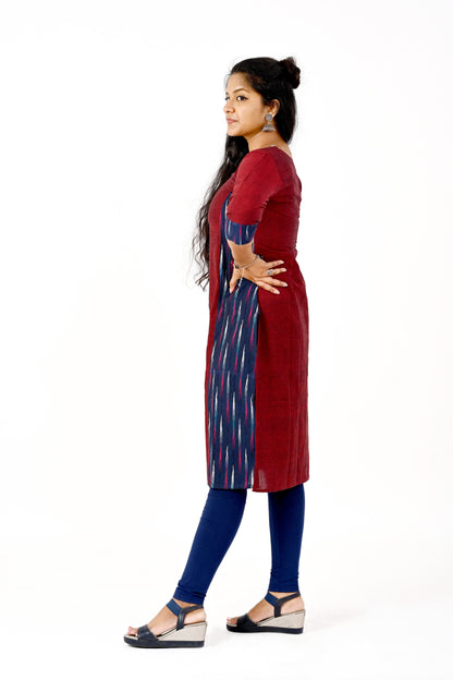 Maroon kurta with blue ikkat cutout details
