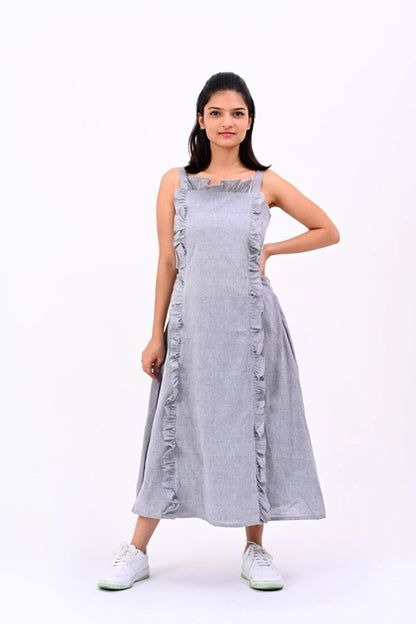 Grey strap dress, gather paneling detail