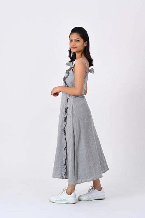 Grey strap dress, gather paneling detail