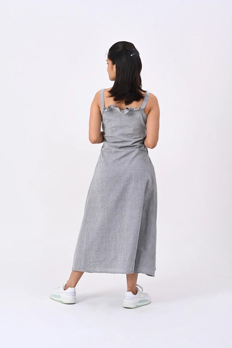 Grey strap dress, gather paneling detail