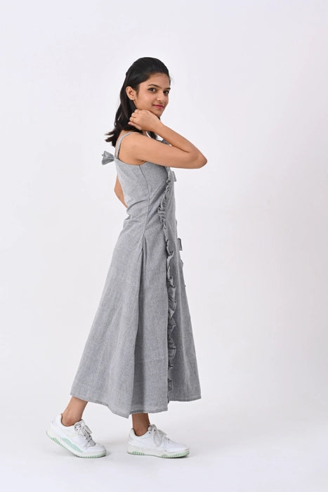 Grey strap dress, gather paneling detail