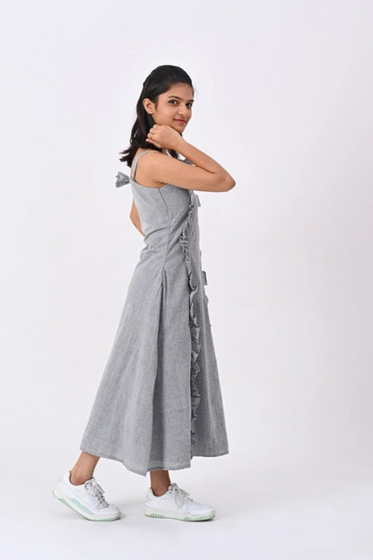 Grey strap dress, gather paneling detail